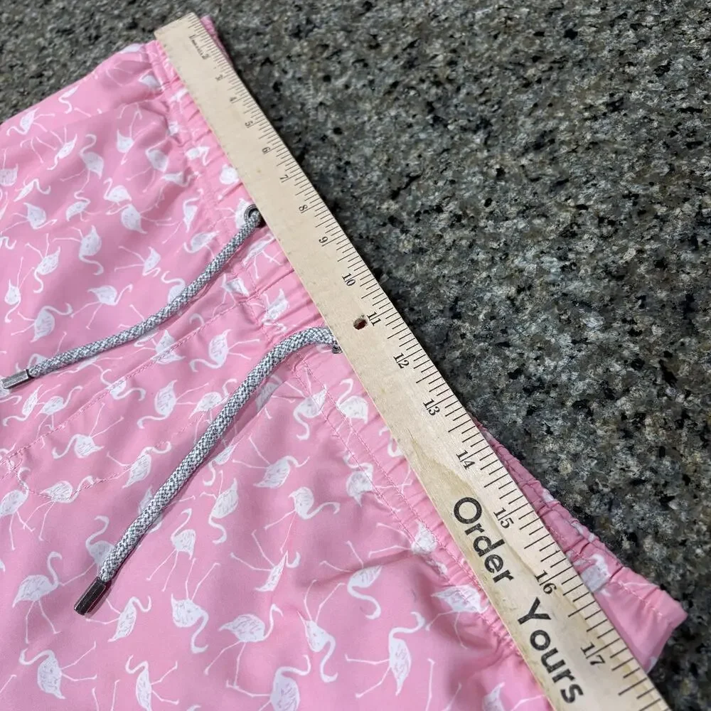 Vintage Summer Shorts Mens M Pink Flamingo Swim Trunks Lined Elastic Waist Pool